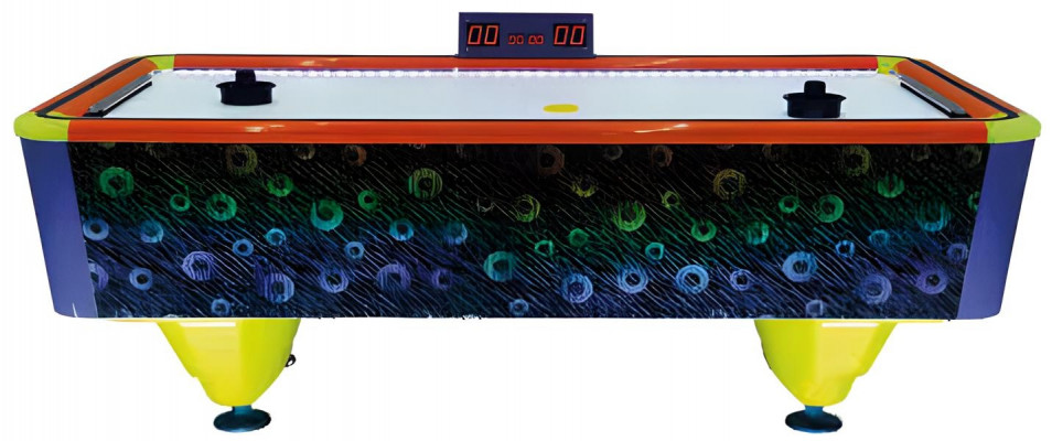 Modern air hockey table made of multicolored plastic and aluminum