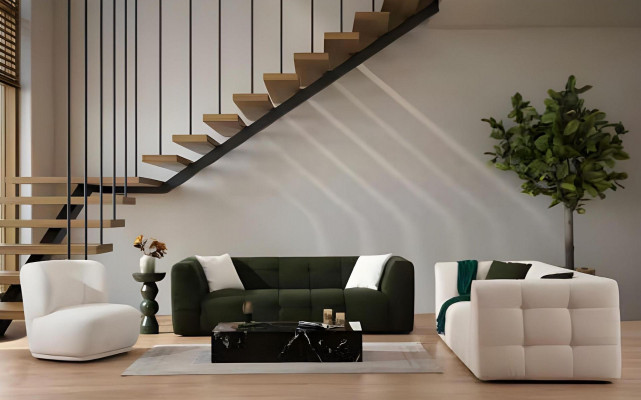 Modern white living room sofa, three-seater with three places, elegant chair