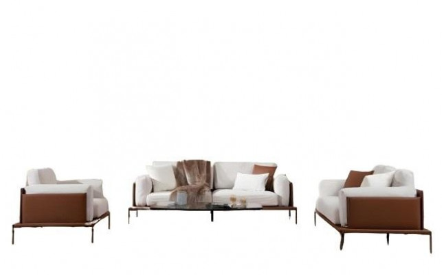 Elegant 3-seater sofa in white-brown fabric