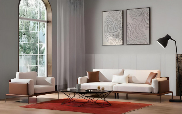 Elegant 3-seater sofa in white-brown fabric