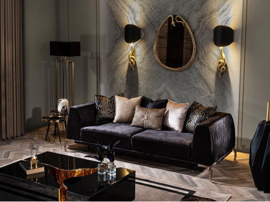 7-piece living room furniture set with sofa, lamp, mirror, and pouf