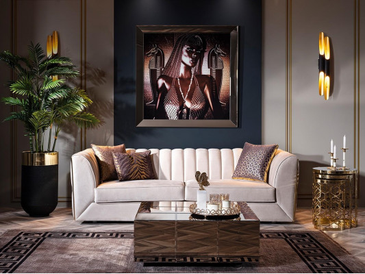 Elegant modern luxury 3-seater sofa, wooden furniture, new upholstered fabric