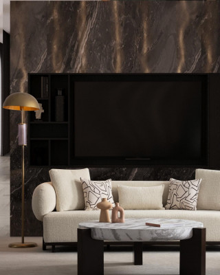 Modern 3-seater sofa in luxury fabric and wood