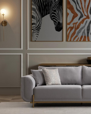 Monochromatic gray 3-seater sofa with golden steel legs for modern office