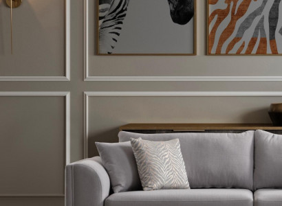 Monochromatic gray 3-seater sofa with golden steel legs for modern office