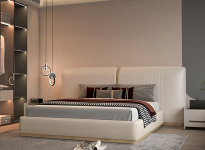Bed frame in beige with gold details, modern design, headboard for bedroom