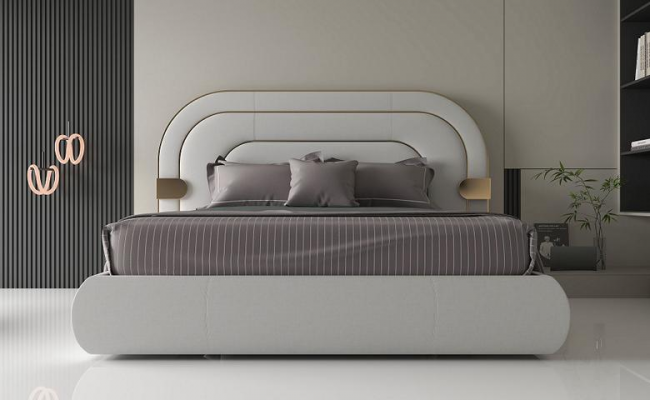 Luxury gray bed guard with golden details in modern design and soft upholstery
