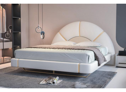 Luxury modern bed with golden details, rounded headboard