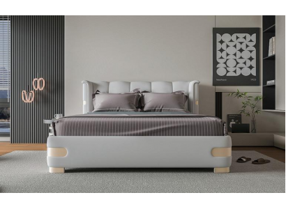 Luxury gray bed railing with golden details, soft headboard for modern space