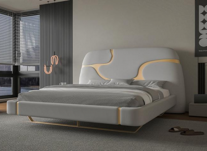 Luxury bed with golden details Modern design Soft headboard Bedroom