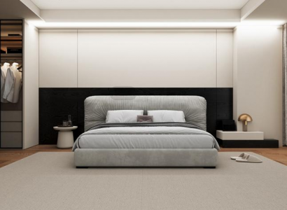 Luxury gray bed railing with modern upholstered head