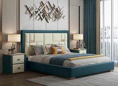 Luxury blue bed with modern upholstered headboard and vibrant colors