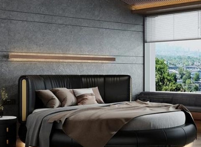 Bed in modern gray-beige design, exclusive for the bedroom