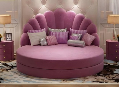 Elegant round white bed with purple velvet upholstery for modern bedroom