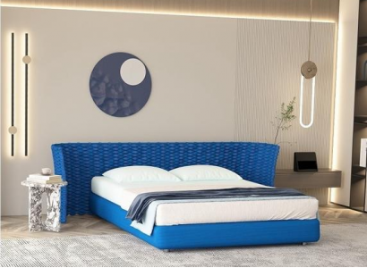 Blue fabric bed with upholstered headboard