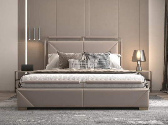 Modern luxury bed in beige with golden details and elegant headboard