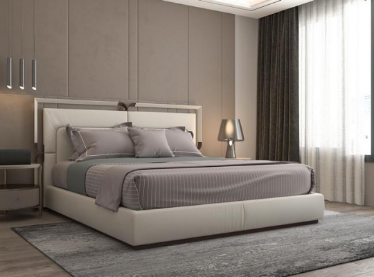 Modern luxury upholstered bed frame in beige with brown accents and an elegant headboard