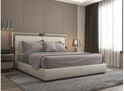 Modern luxury upholstered bed frame in beige with brown accents and an elegant headboard