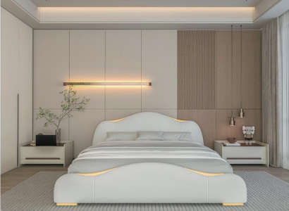 Modern gray bed with golden details and an elegant headboard