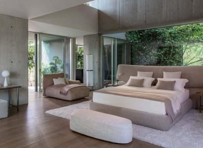 Bed in modern black fabric with high backrest