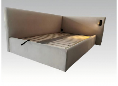 Modern bed in beige with LED lighting and luxurious upholstery