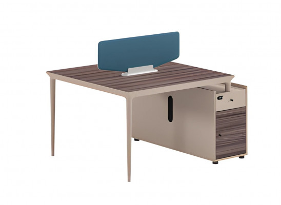 Modern beige office desk with wooden construction and acoustic panel, additional storage space for office furniture