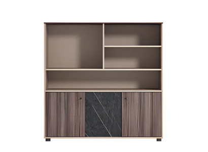 Modern brown-beige office cabinet with wooden and stone structure, open doors