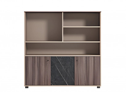 Modern brown-beige office cabinet with wooden and stone structure, open doors