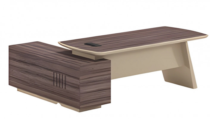 Modern writing desk with oak and brown wood appearance, top and one drawer