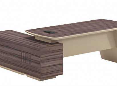 Modern writing desk with oak and brown wood appearance, top and one drawer