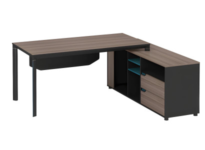 Modern corner table made of dark wood with shelves and drawers