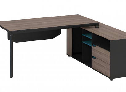 Modern corner table made of dark wood with shelves and drawers