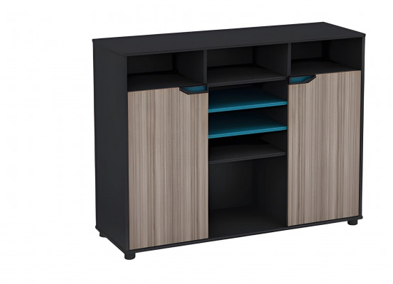 Modern black and brown cabinet with wood effect and blue doors and shelves