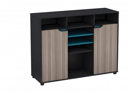 Modern black and brown cabinet with wood effect and blue doors and shelves