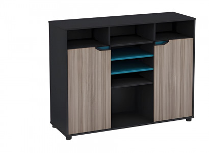 Modern black and brown cabinet with wood effect and blue doors and shelves