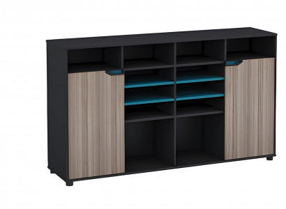 Set of modern black wooden furniture with turquoise shelf