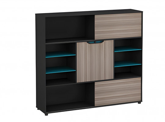 Modern cabinet, brown and black, with doors and shelves, blue, for office