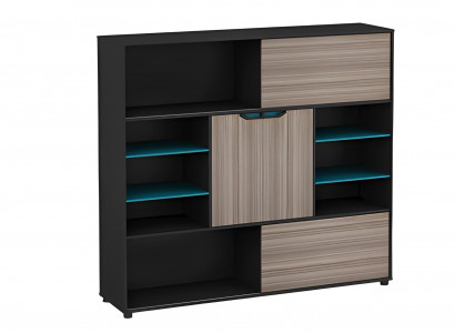 Modern cabinet, brown and black, with doors and shelves, blue, for office