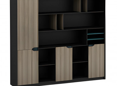 Modern black and brown wooden office cabinet with doors and shelves
