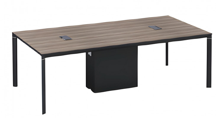 Black and brown wooden coffee table with cable management and modern design