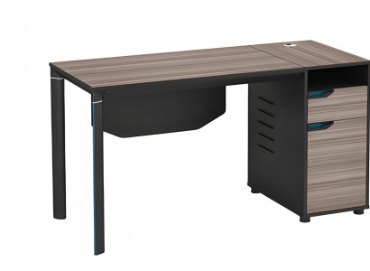 Modern black wooden desk with cable management and storage space