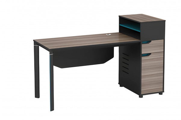 Writing desk with wooden effect in brown, equipped with storage space and cable management