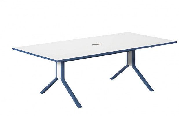 Modern folding table with white surface and elegant blue pattern
