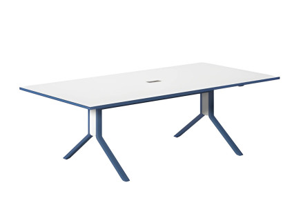 Modern folding table with white surface and elegant blue pattern