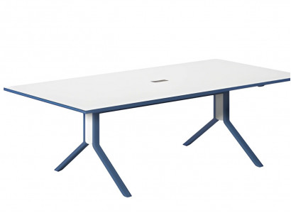 Modern folding table with white surface and elegant blue pattern