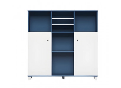 Modern blue and white desk lamp with open shelves and closed doors