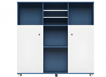 Modern blue and white desk lamp with open shelves and closed doors