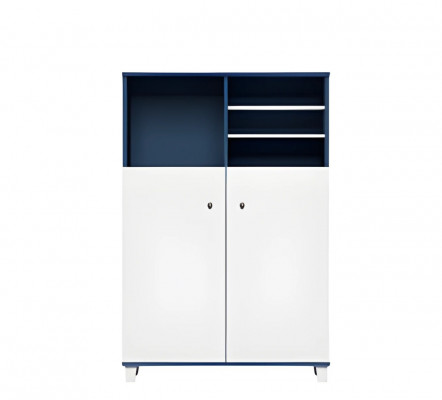 Modern blue and white office cabinet with shelves and closed doors