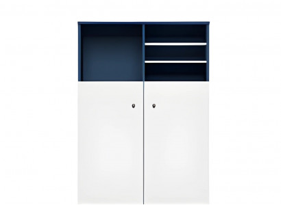 Modern blue and white office cabinet with shelves and closed doors