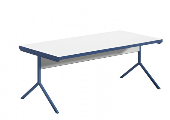 Modern white table with blue metal legs in elegant design